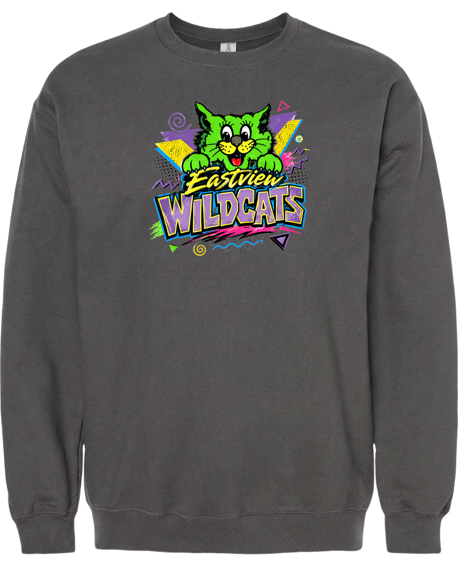 A gray sweatshirt with a colorful graphic design featuring a cartoon cat and the text "Eastview Wildcats".