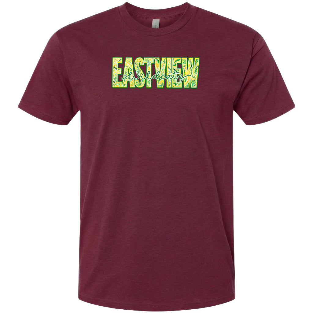A burgundy-colored t-shirt with the text "EASTVIEW" printed in a stylized font.