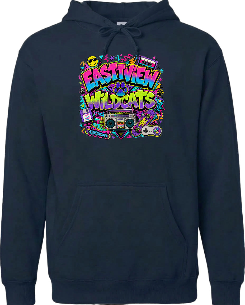 A black hoodie with a colorful graphic design featuring a boombox, a cassette tape, and various other retro-style icons and text.