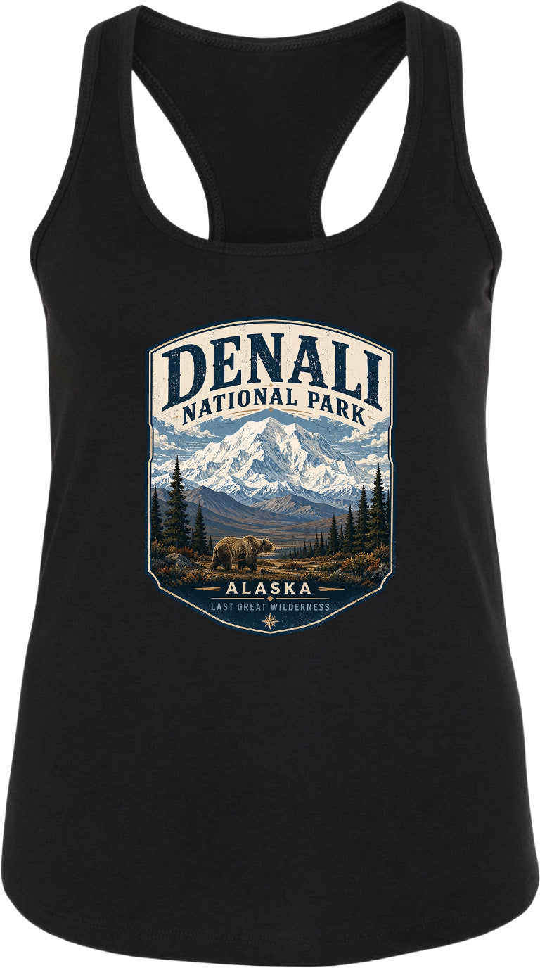 A black tank top with a graphic design depicting Denali National Park in Alaska, featuring a mountain landscape with a bear in the foreground.
