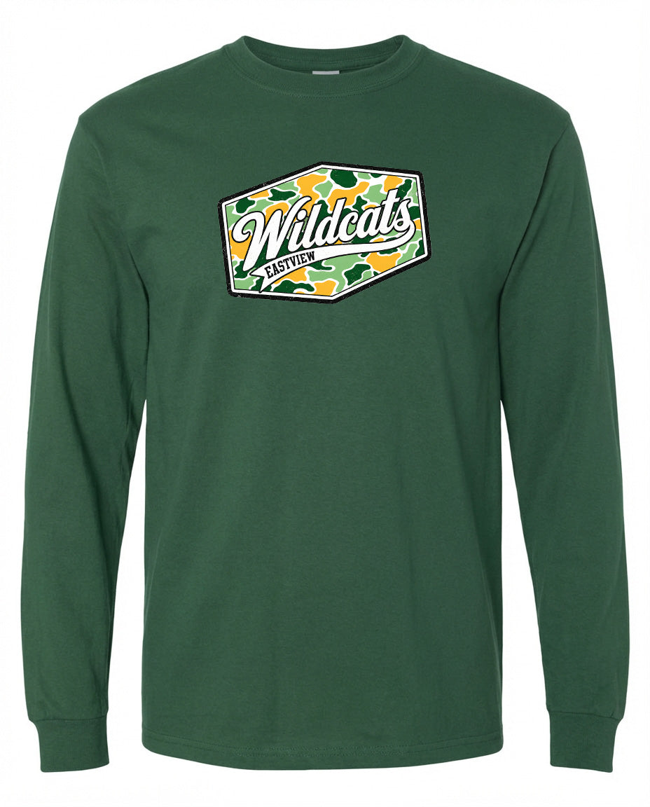 A long-sleeved green t-shirt with a graphic design featuring the text "Wildcats Eastview" and a camouflage pattern.