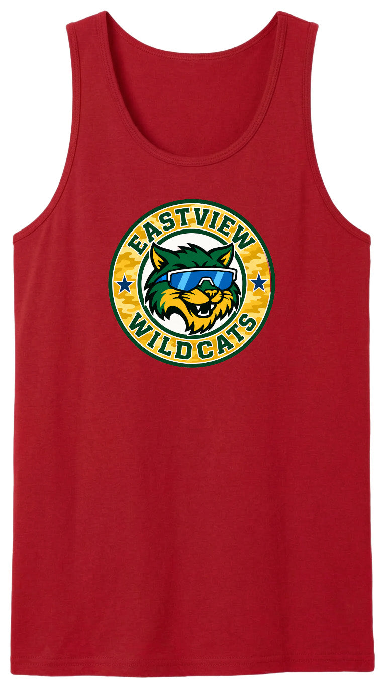 A red tank top with a graphic design featuring a cat wearing sunglasses and the text "EASTVIEW WILDCATS" around it.