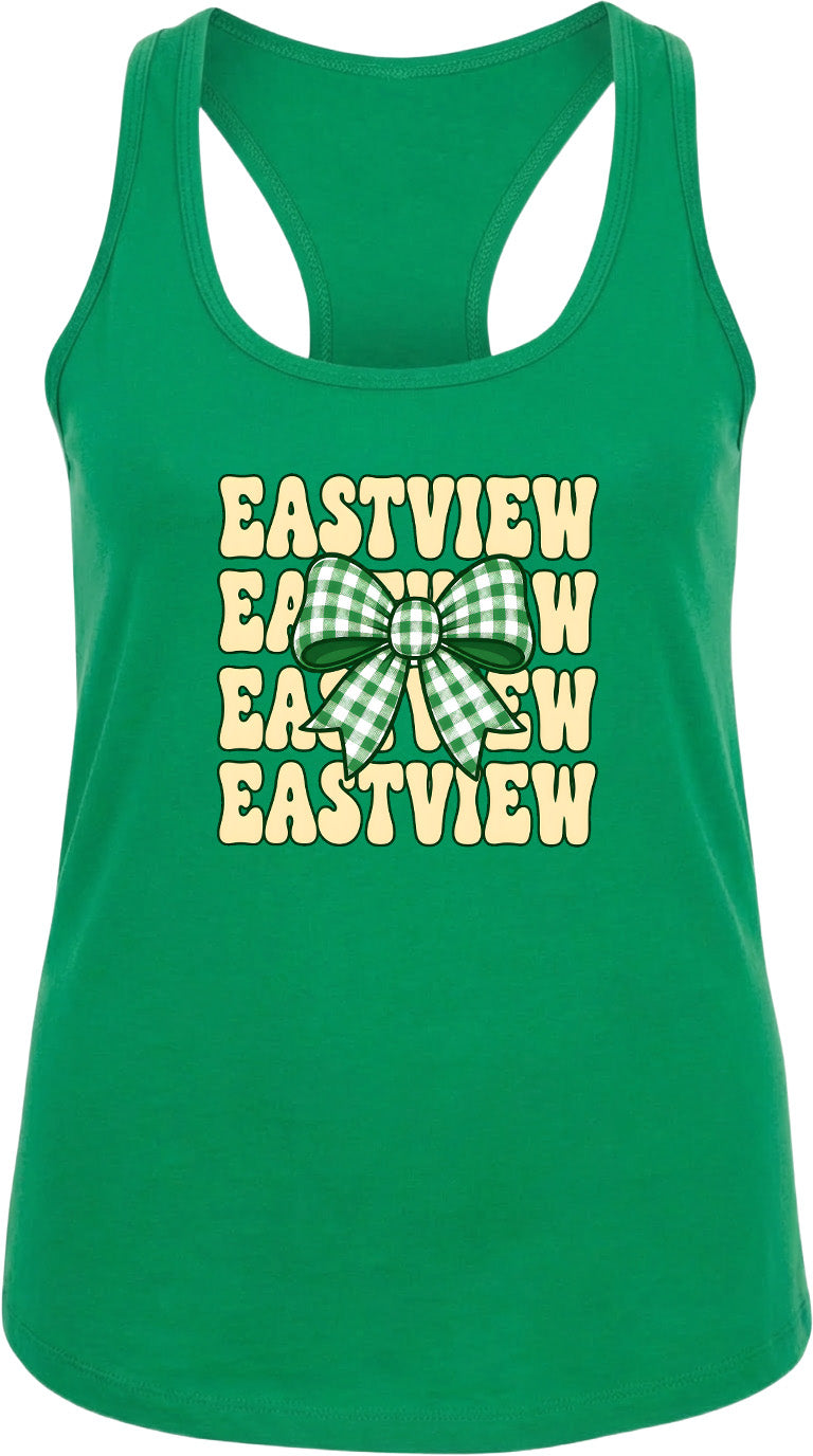 A green tank top with the text "EASTVIEW" printed on it, along with a bow design.