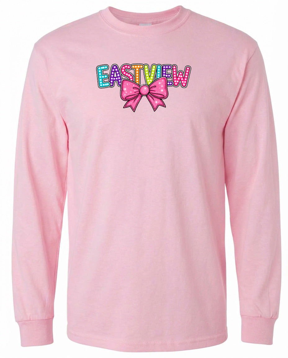 A pink long-sleeved shirt with a colorful bow and the word "EASTVIEW" printed on it.