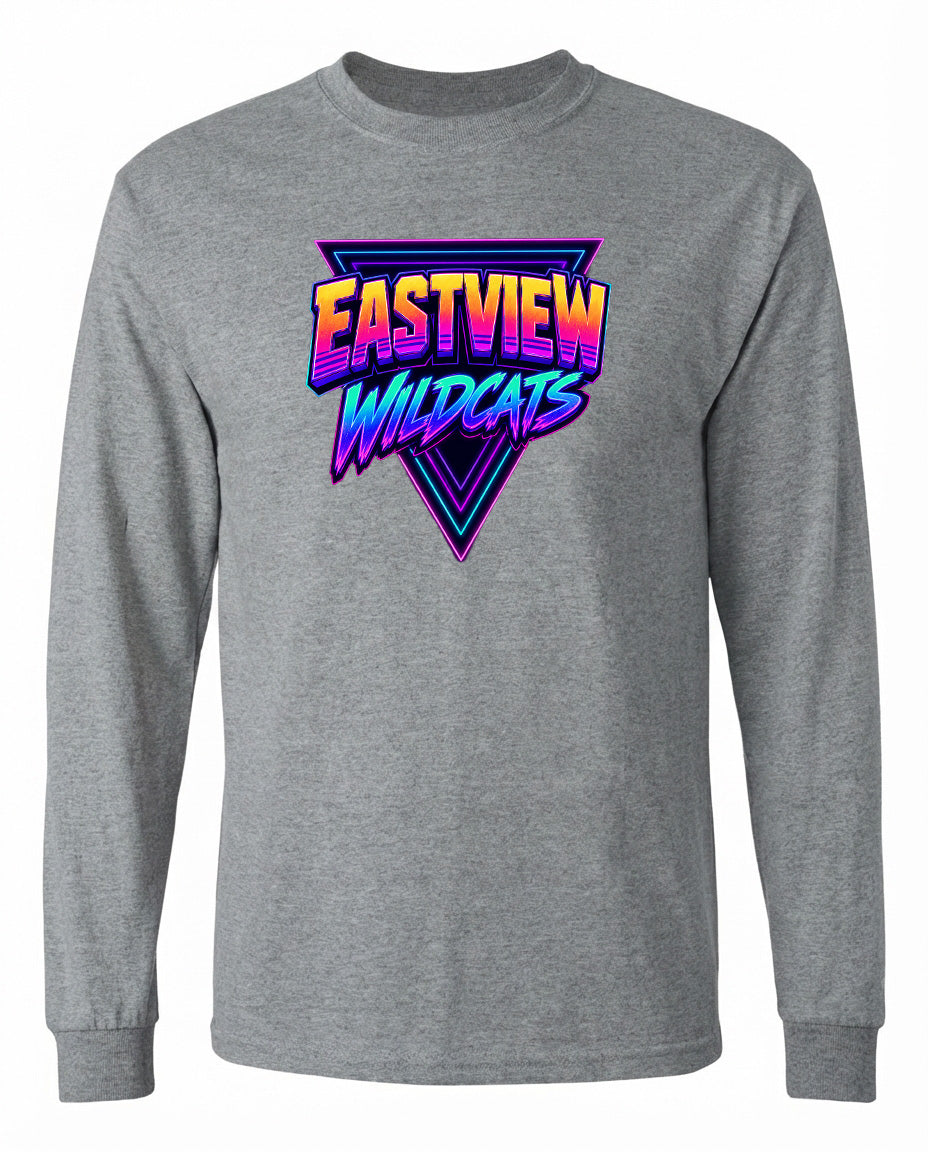 A gray long-sleeved t-shirt with a graphic design featuring the text "EASTVIEW WILDCATS" in a colorful, retro-style font.