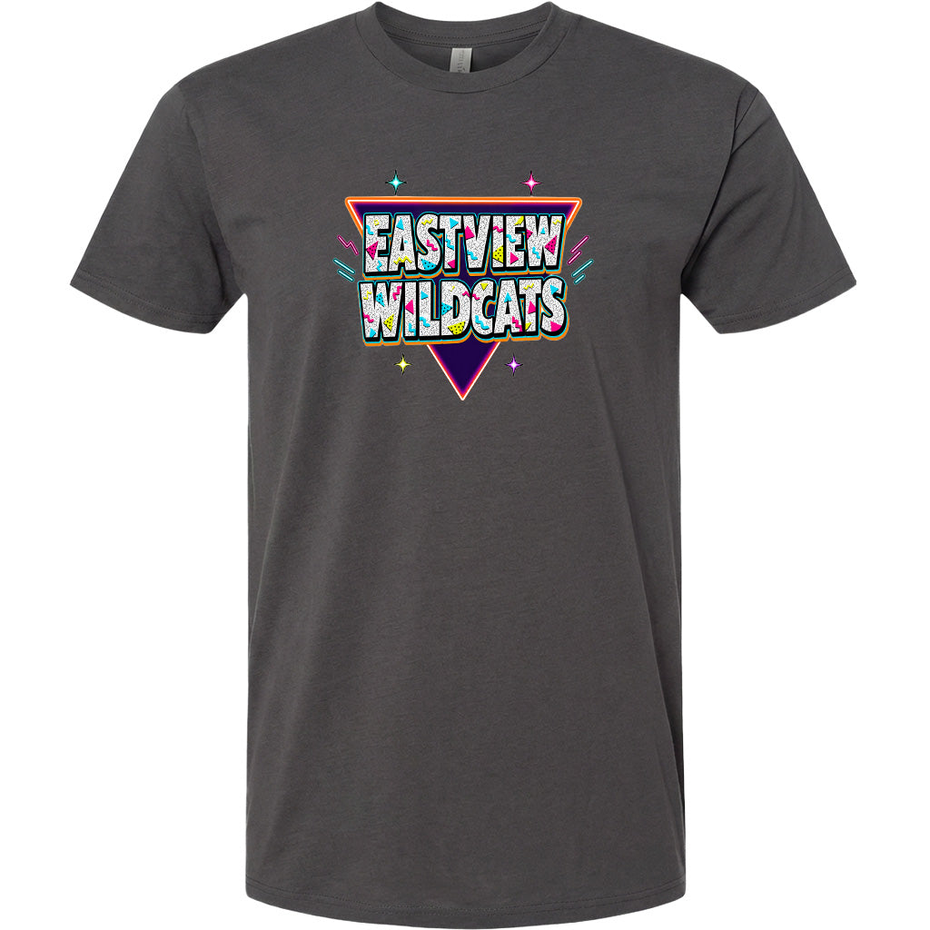 A gray t-shirt with a colorful graphic design featuring the text "EASTVIEW WILDCATS" in a retro style.