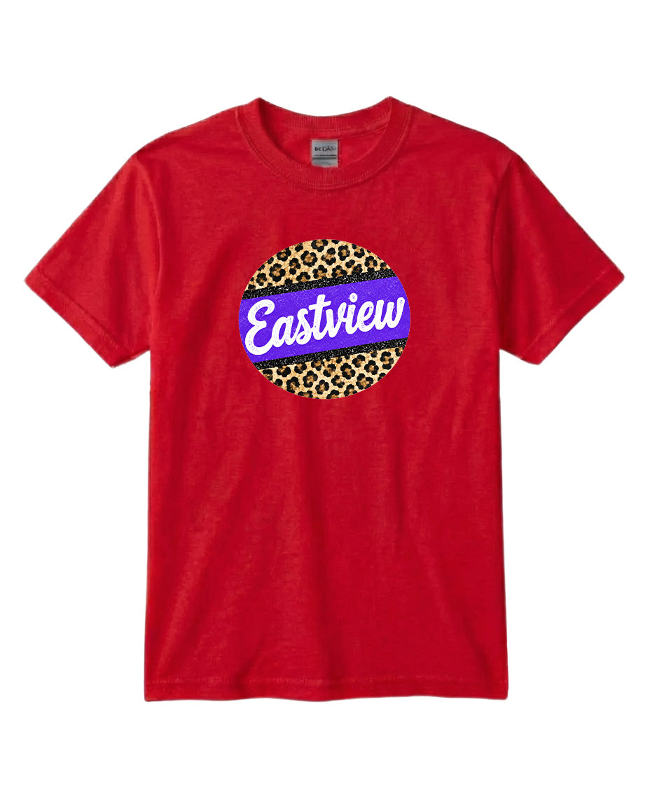 A red t-shirt with a circular logo on it.