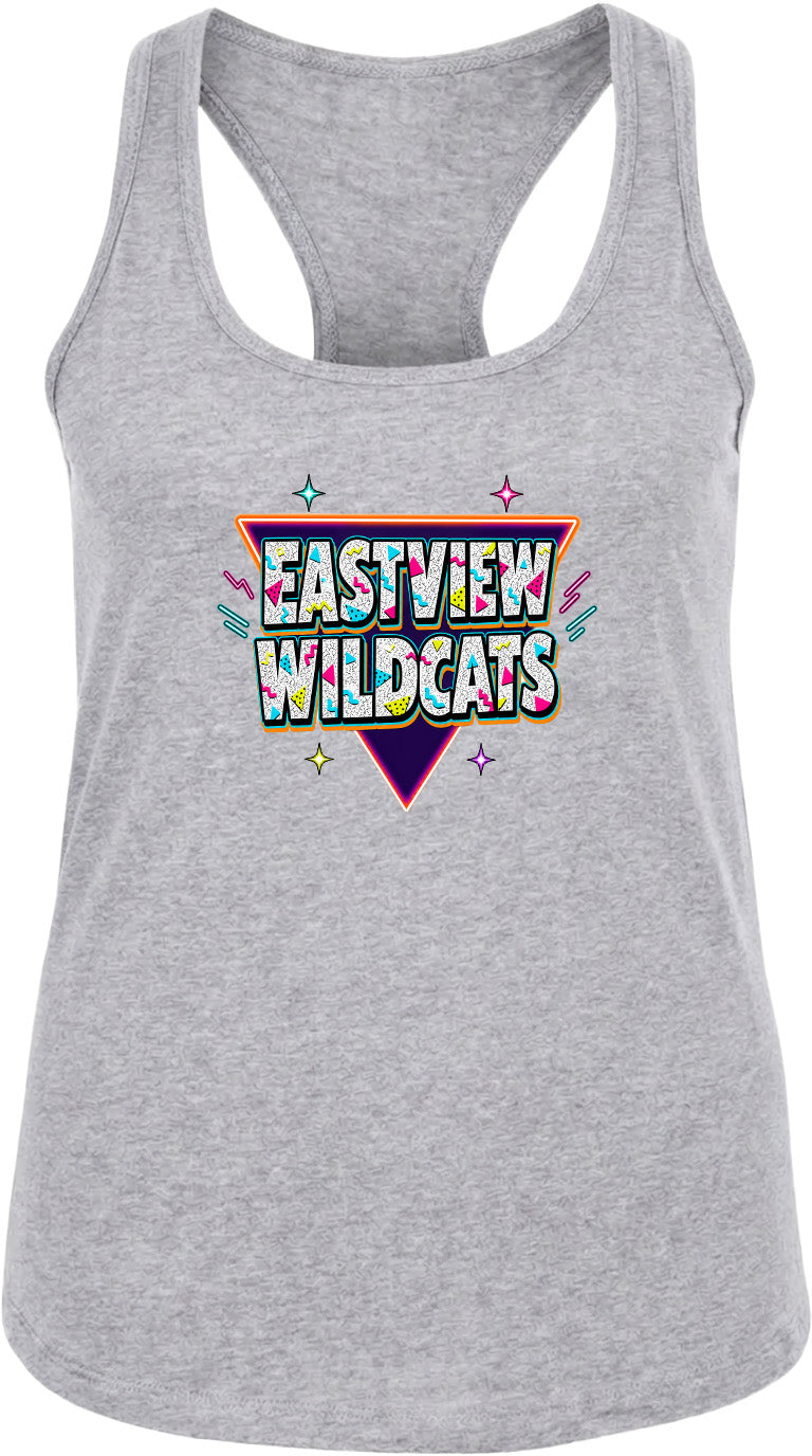A gray tank top with a colorful graphic design featuring the text "EASTVIEW WILDCATS" in a retro style.