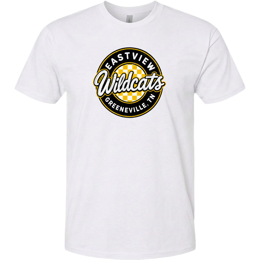 A white t-shirt with a circular logo that says "EASTVIEW Wildcats Greeneville, TN".