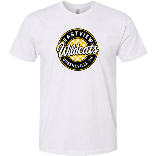 A white t-shirt with a circular logo that says "EASTVIEW Wildcats Greeneville, TN".