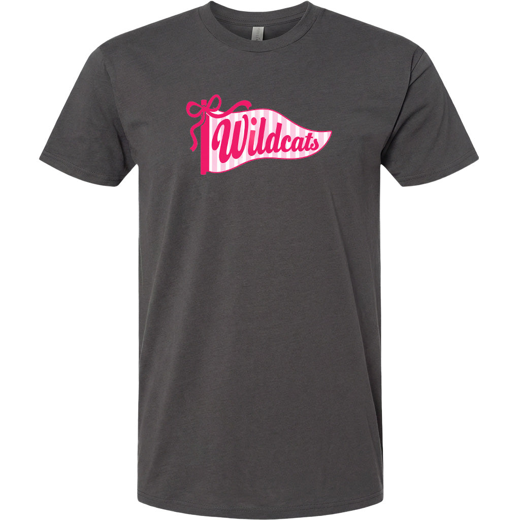 A gray t-shirt with a pink and white graphic design featuring the word "Wildcats" in a stylized font.