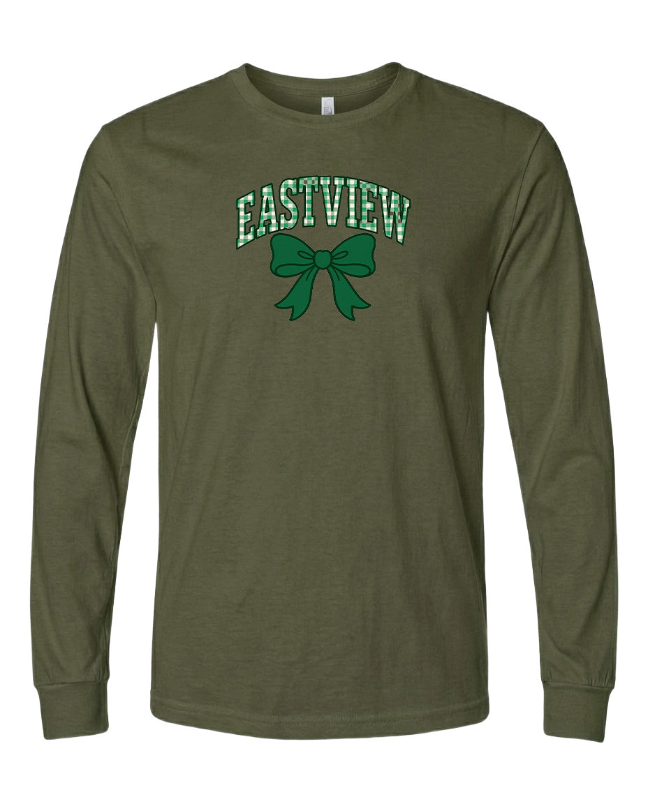 A long-sleeved olive green t-shirt with a green bow and the word "EASTVIEW" printed on it.