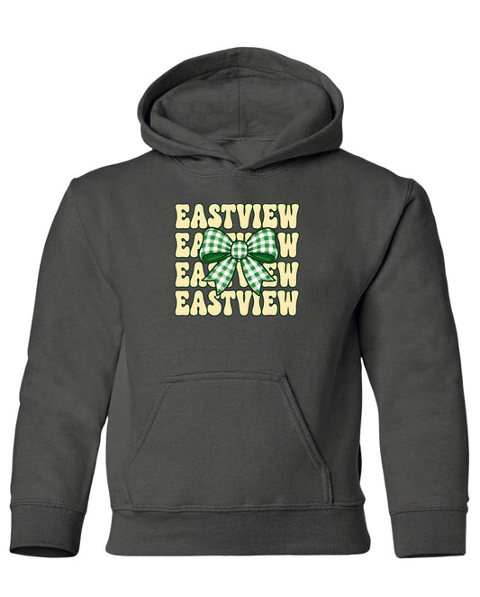 A gray hoodie with a graphic design on the front.