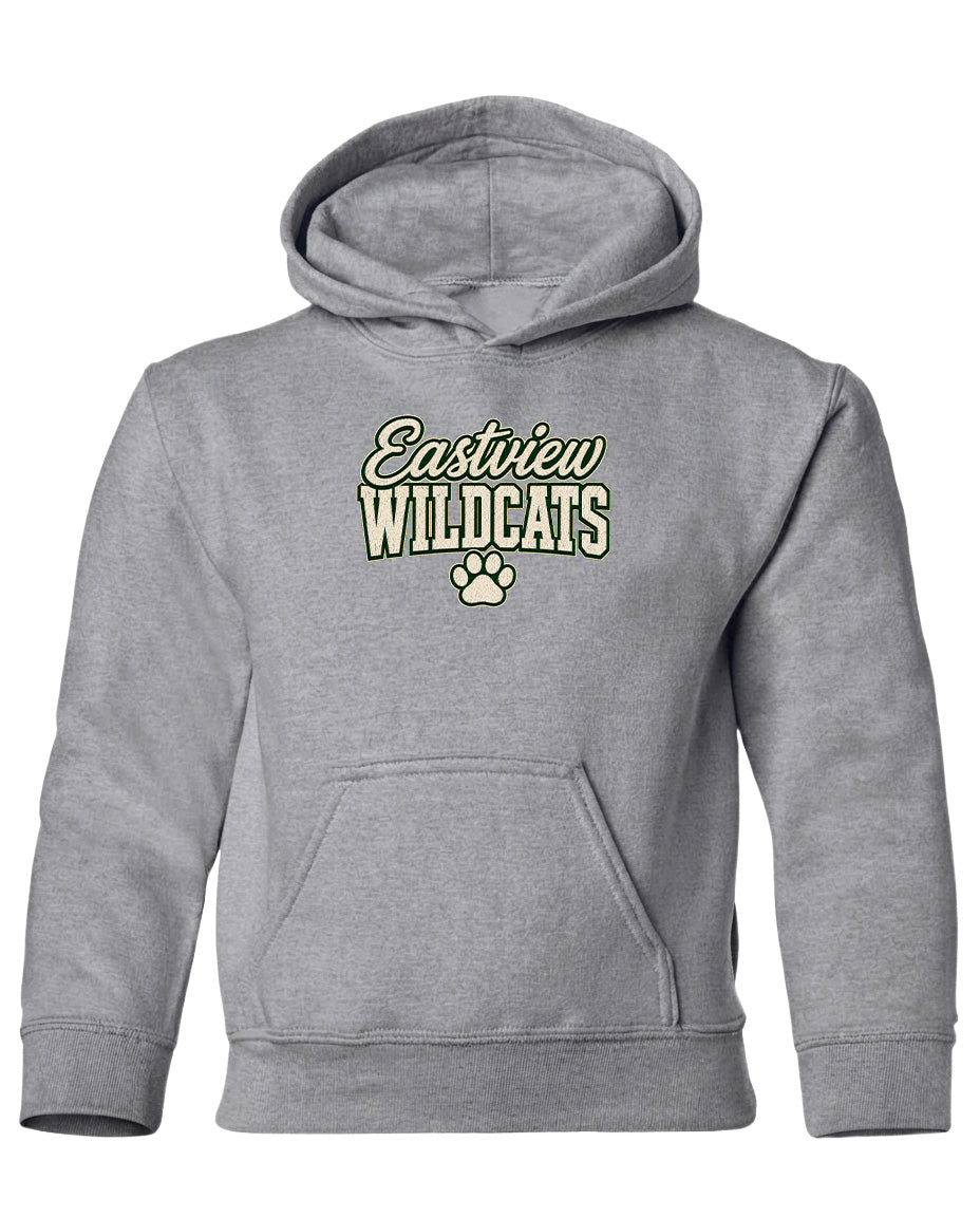 A gray hooded sweatshirt with the text "Eastview Wildcats" printed on it.