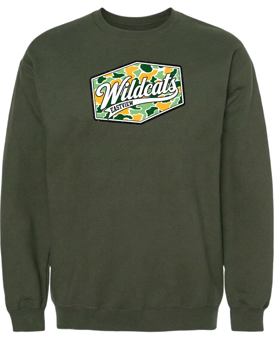 A dark green sweatshirt with a graphic design on the front.