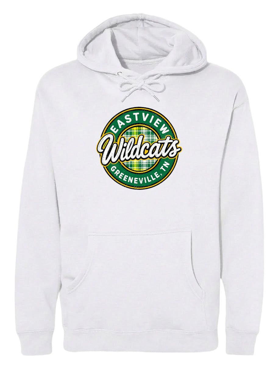 A white hoodie with a circular logo that says "EASTVIEW Wildcats Greeneville TN".