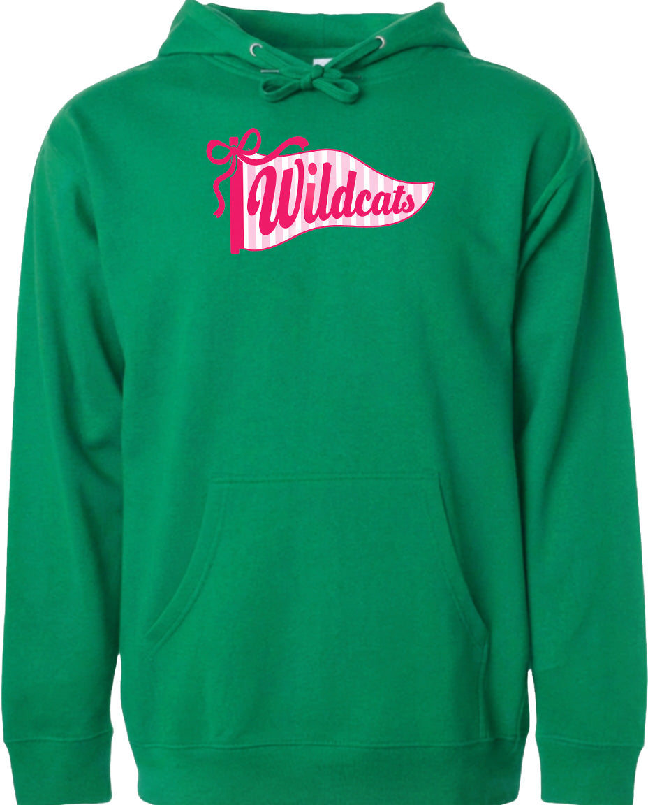 A bright green hoodie with a pink and white banner that says "Wildcats" on it.