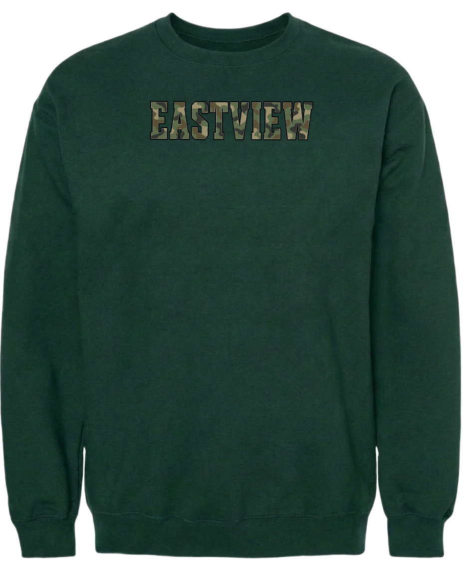 A dark green sweatshirt with the word "EASTVIEW" printed on it in a camouflage pattern.