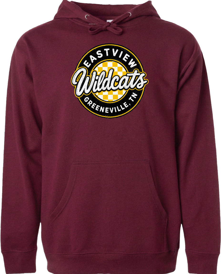 A burgundy-colored hoodie with a circular logo on the front. The logo features the text "Eastview Wildcats" and "Greeneville, TN" in a checkered pattern.