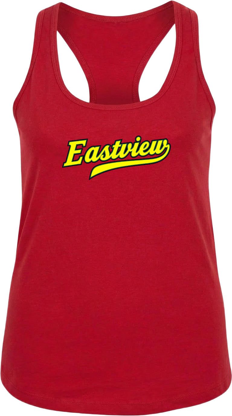 A red tank top with the word "Eastview" printed in yellow on the front.