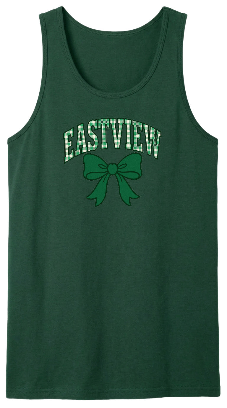A green tank top with the text "EASTVIEW" and a green bow graphic printed on it.