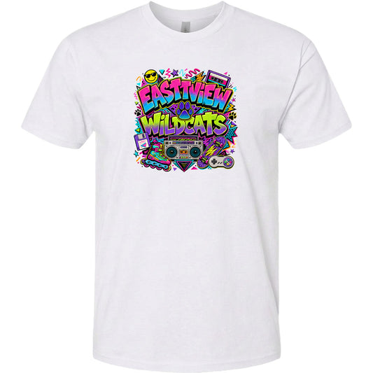 A white t-shirt with a colorful graphic design featuring the text "Eastview Wildcats" surrounded by various icons and symbols, such as a boombox, sunglasses, and a skateboard.