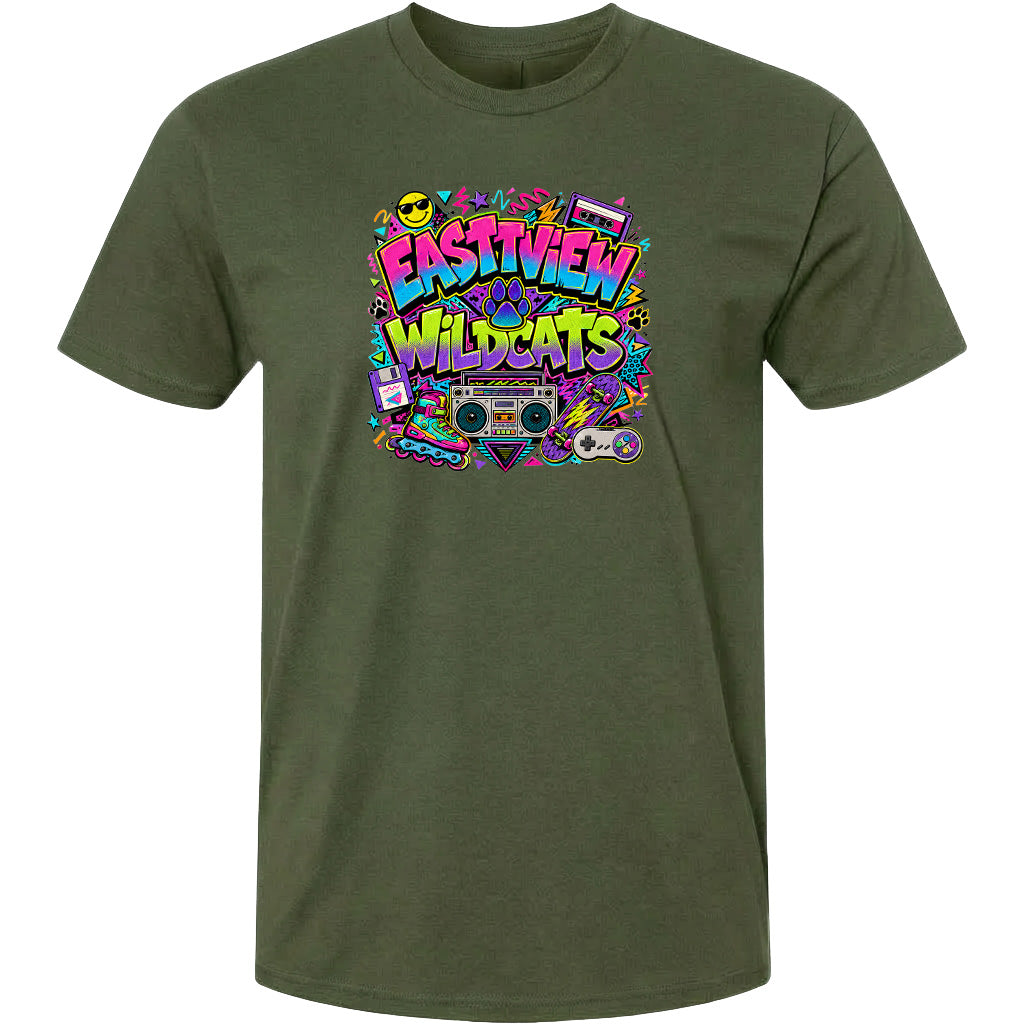 A green t-shirt with a colorful graphic design featuring the text "Eastview Wildcats" surrounded by various icons and symbols, such as a boombox, sunglasses, and a skateboard.