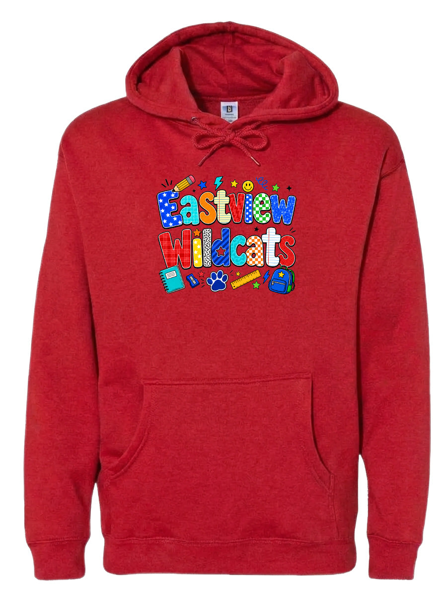 A red hoodie with a colorful graphic design featuring the text "Eastview Wildcats" and various school-related icons.