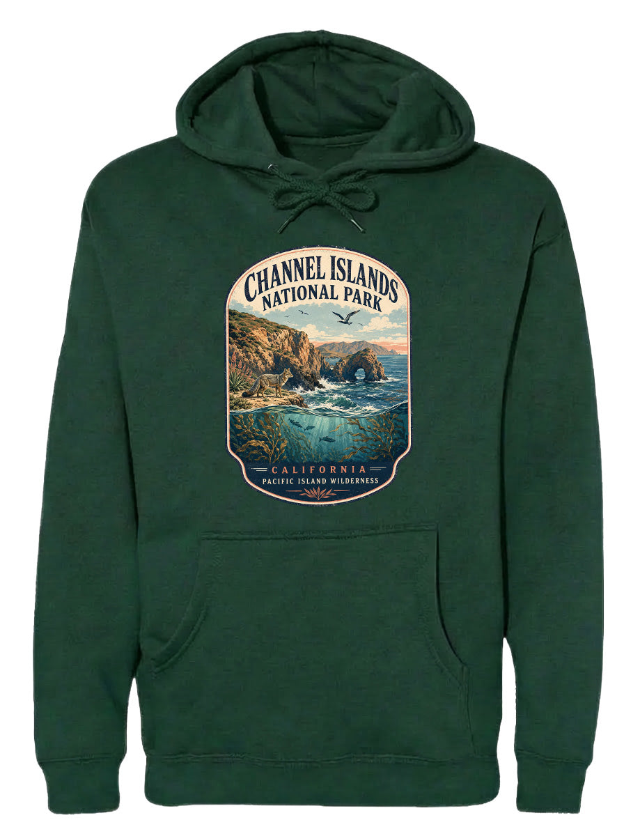 A green hoodie with a graphic design depicting a scenic landscape, including a body of water, mountains, and a bird in flight.