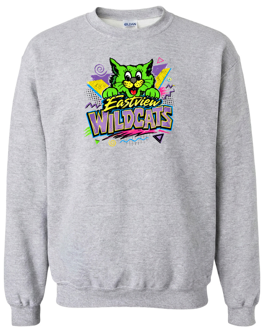 A gray sweatshirt with a colorful graphic design featuring a cartoon cat and the text "Eastview Wildcats".