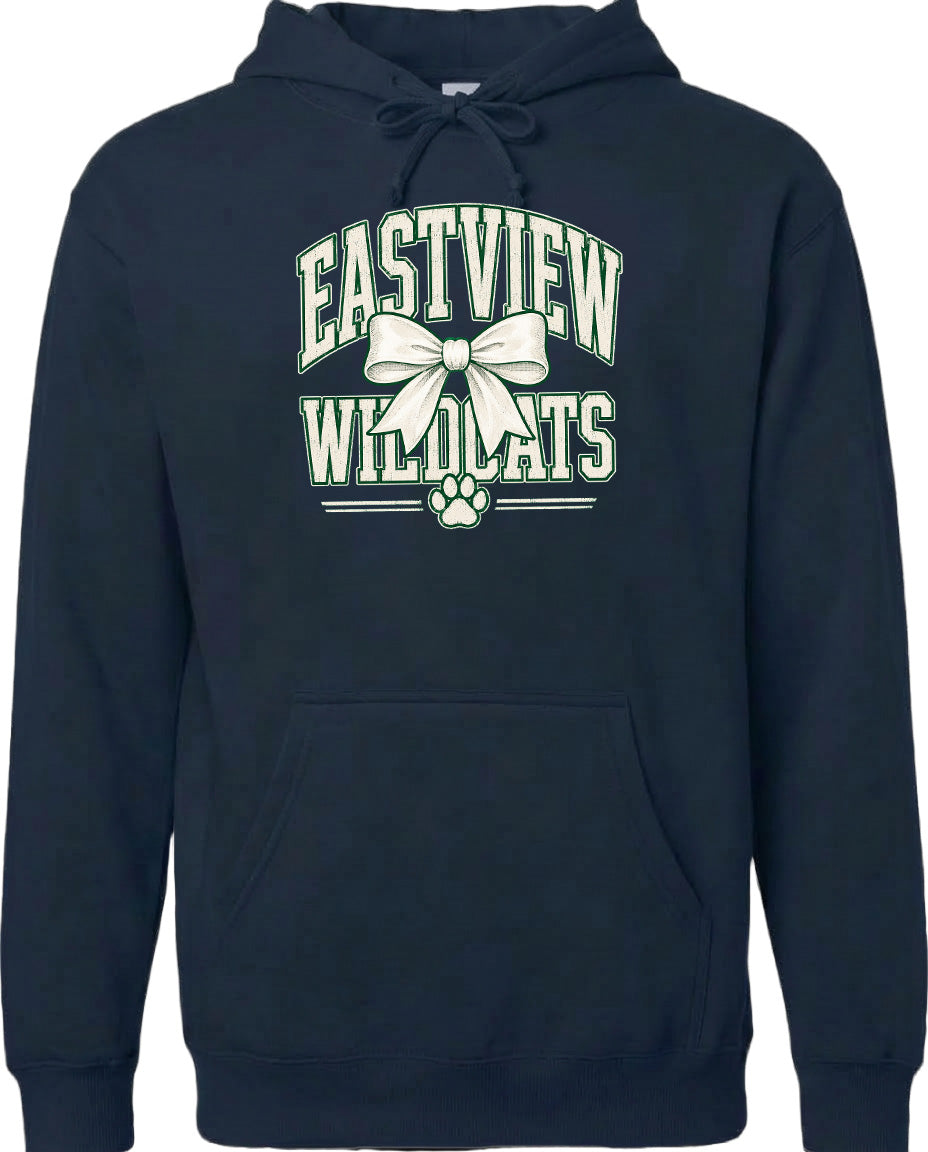 A navy blue hoodie with a graphic design featuring the text "EASTVIEW WILDCATS" and a white bow.