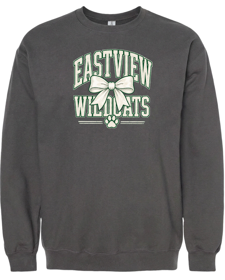 A gray sweatshirt with a graphic design featuring the text "EASTVIEW WILDCATS" and a bow.