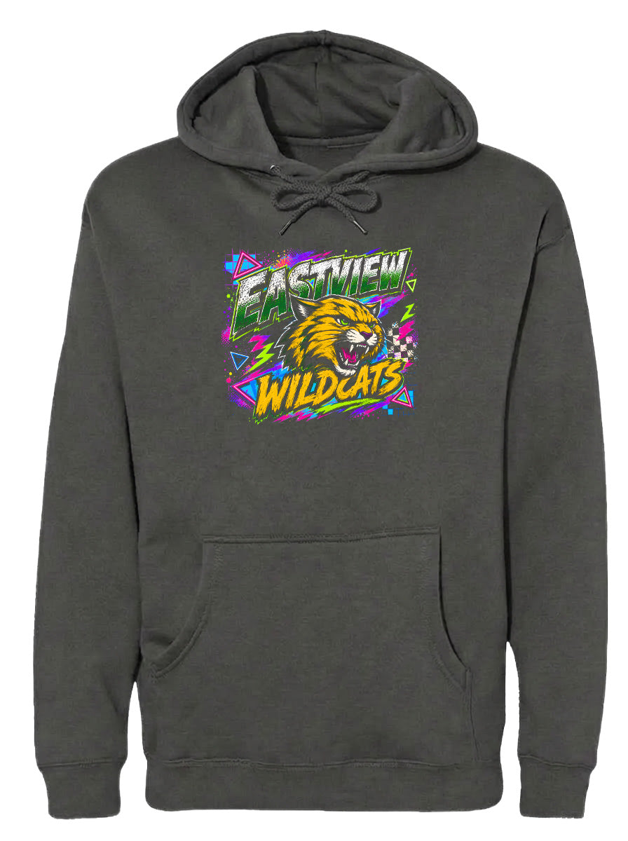 A gray hoodie with a graphic design featuring a yellow and orange wildcat's head surrounded by colorful geometric shapes and the text "EASTVIEW WILDCATS".