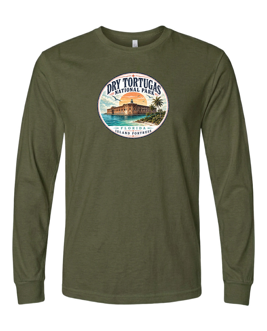 A long-sleeved olive green t-shirt with a circular graphic design featuring a tropical island and palm trees, along with the text "Dry Tortugas National Park, Florida, USA".