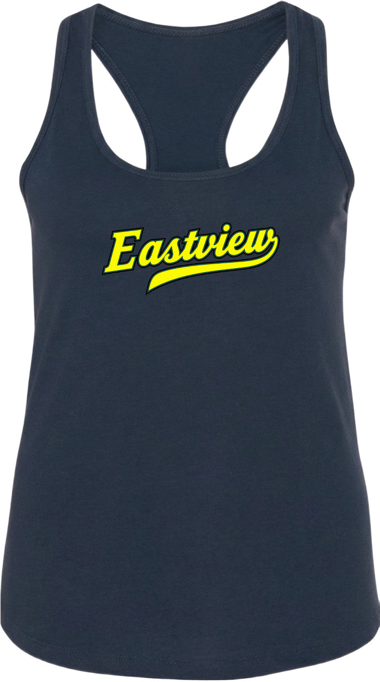 A navy blue tank top with the word "Eastview" printed in yellow on the front.