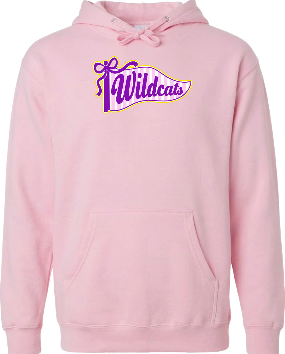 A pink hoodie with a graphic design featuring the word "Wildcats" in purple and yellow colors.