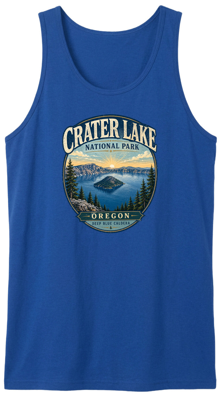 A blue tank top with a graphic design depicting Crater Lake National Park in Oregon.