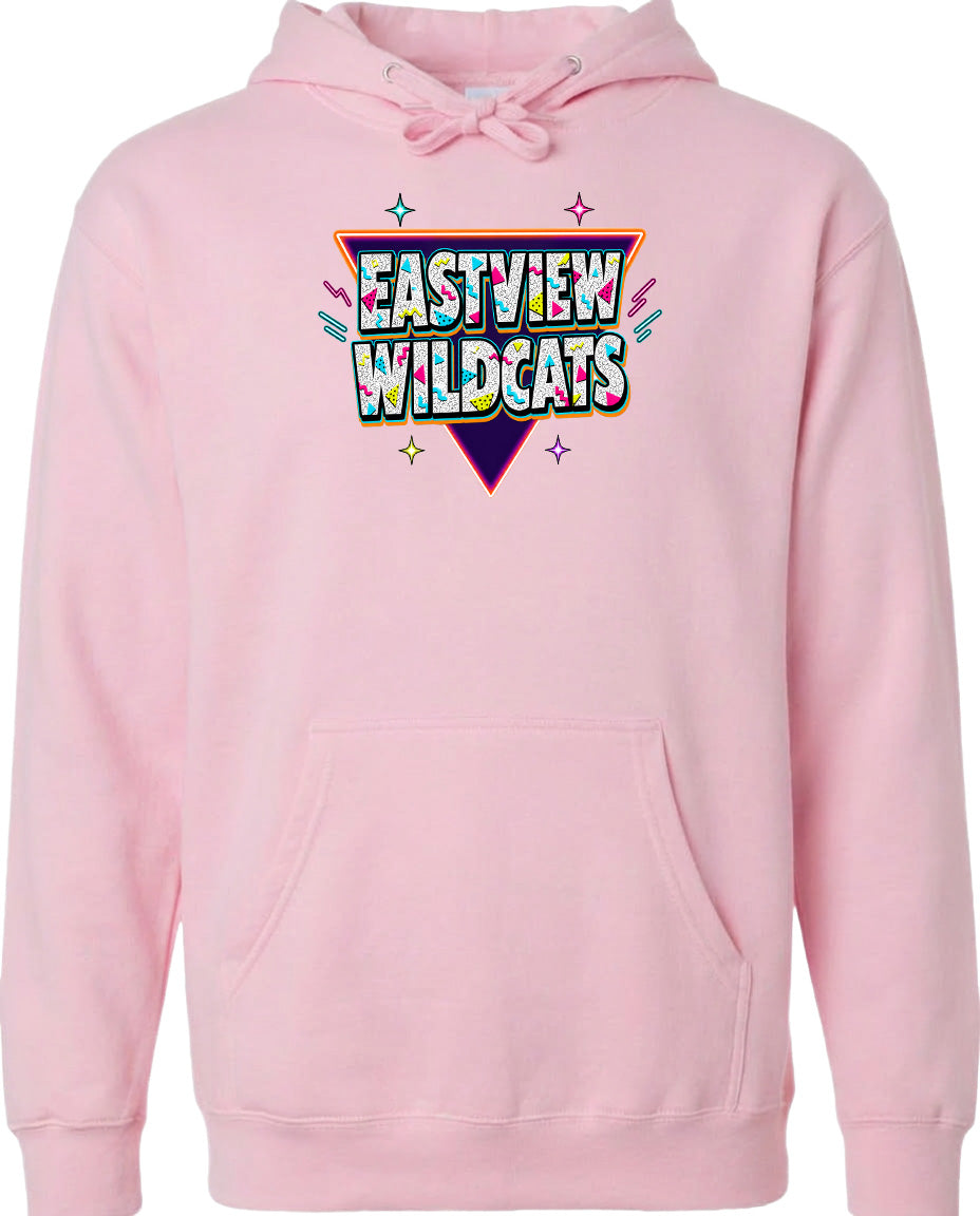 A pink hoodie with a graphic design featuring the text "EASTVIEW WILDCATS" in a colorful, retro-style font.