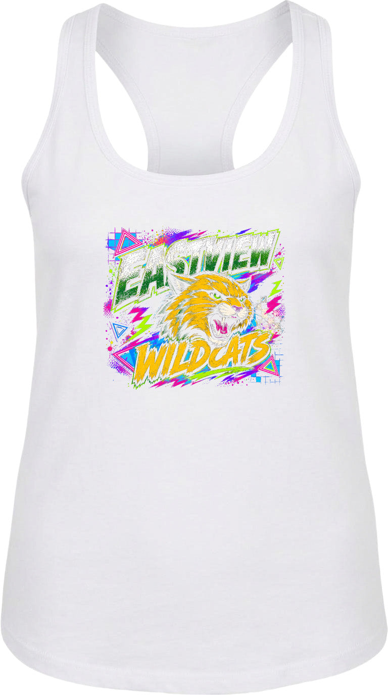 A white tank top with a graphic design featuring a stylized depiction of a cat or feline, along with the text "EASTVIEW WILDCATS".