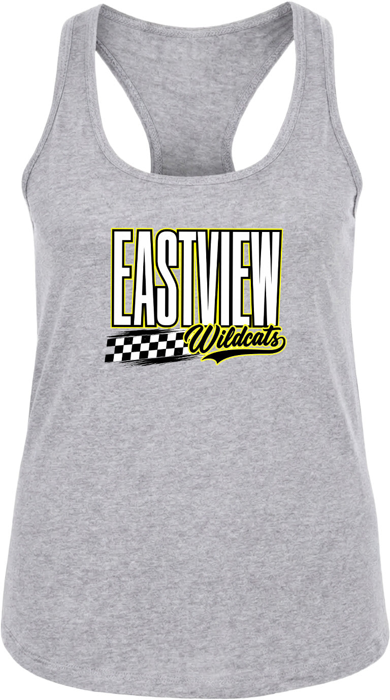 A gray tank top with a graphic design featuring the text "EASTVIEW Wildcats" in yellow and black.
