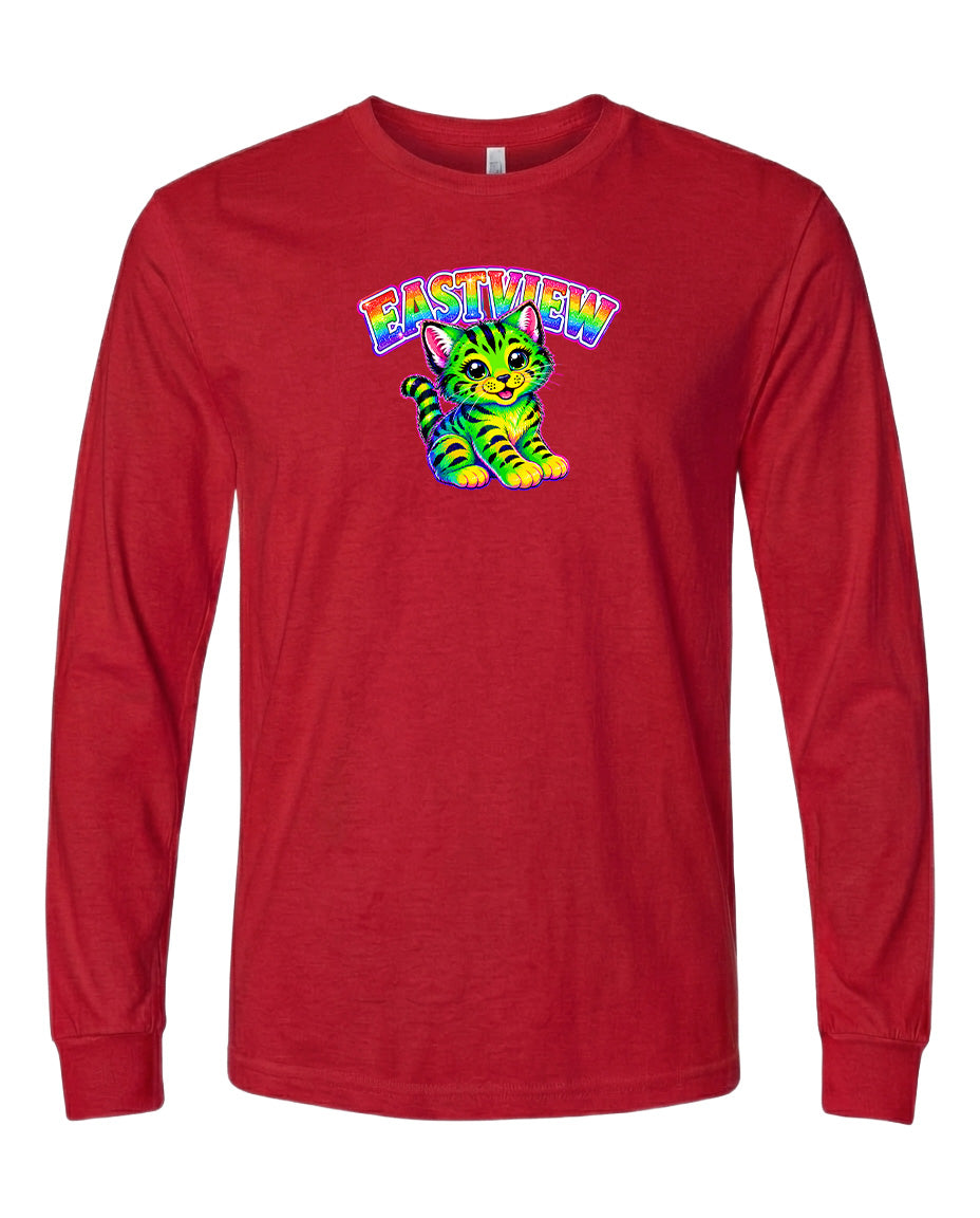 A red long-sleeved t-shirt with a colorful graphic of a cat and the text "EASTVIEW" printed on it.