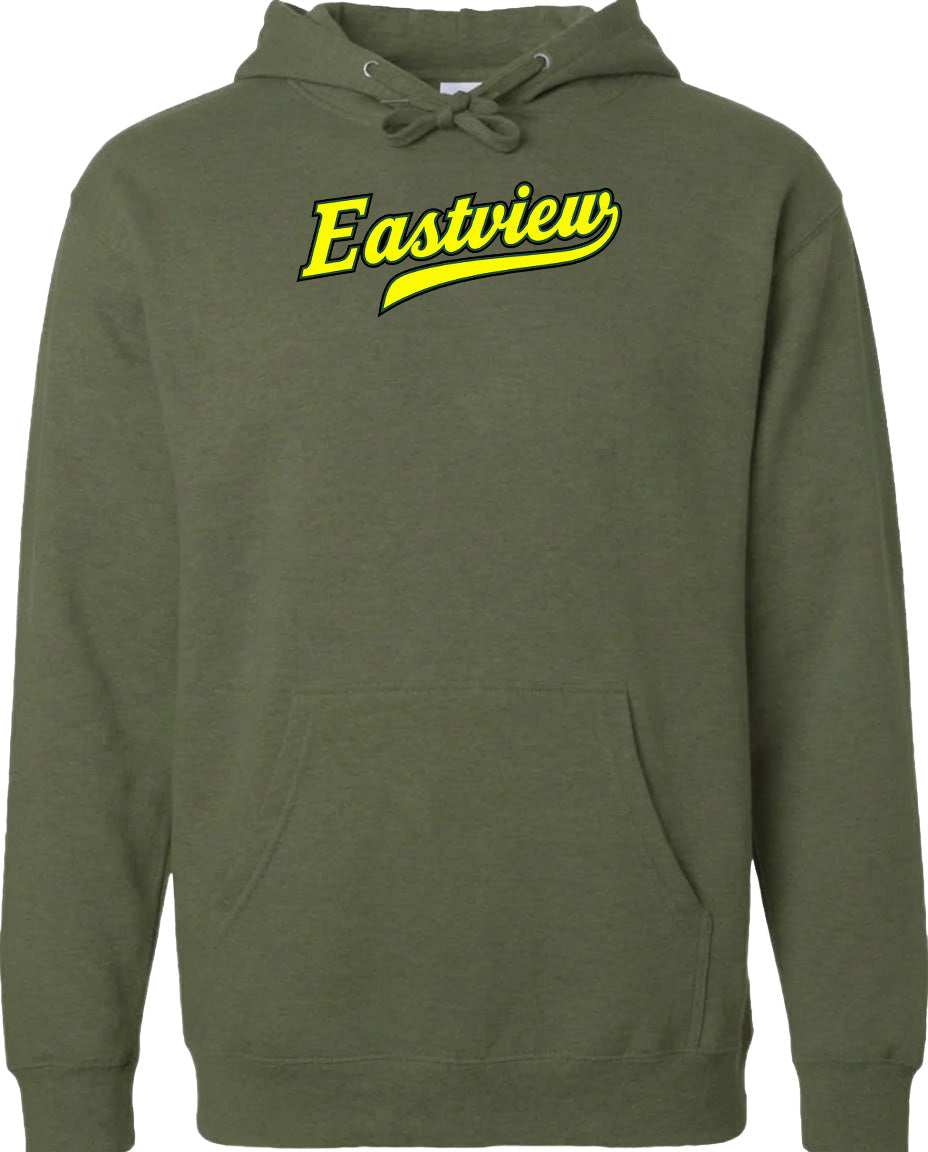 A green hoodie with a yellow text logo on the front.