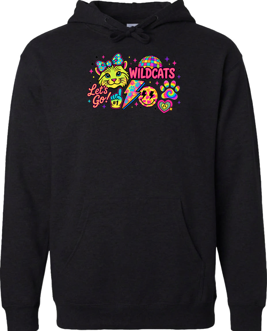 A black hoodie with a colorful graphic design featuring a cartoon cat, a rainbow, and various other whimsical elements.