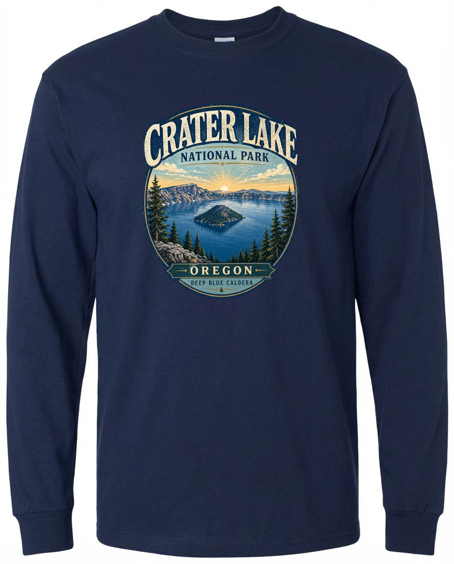 A navy blue long-sleeved t-shirt with a graphic design depicting Crater Lake, a famous natural park in Oregon.