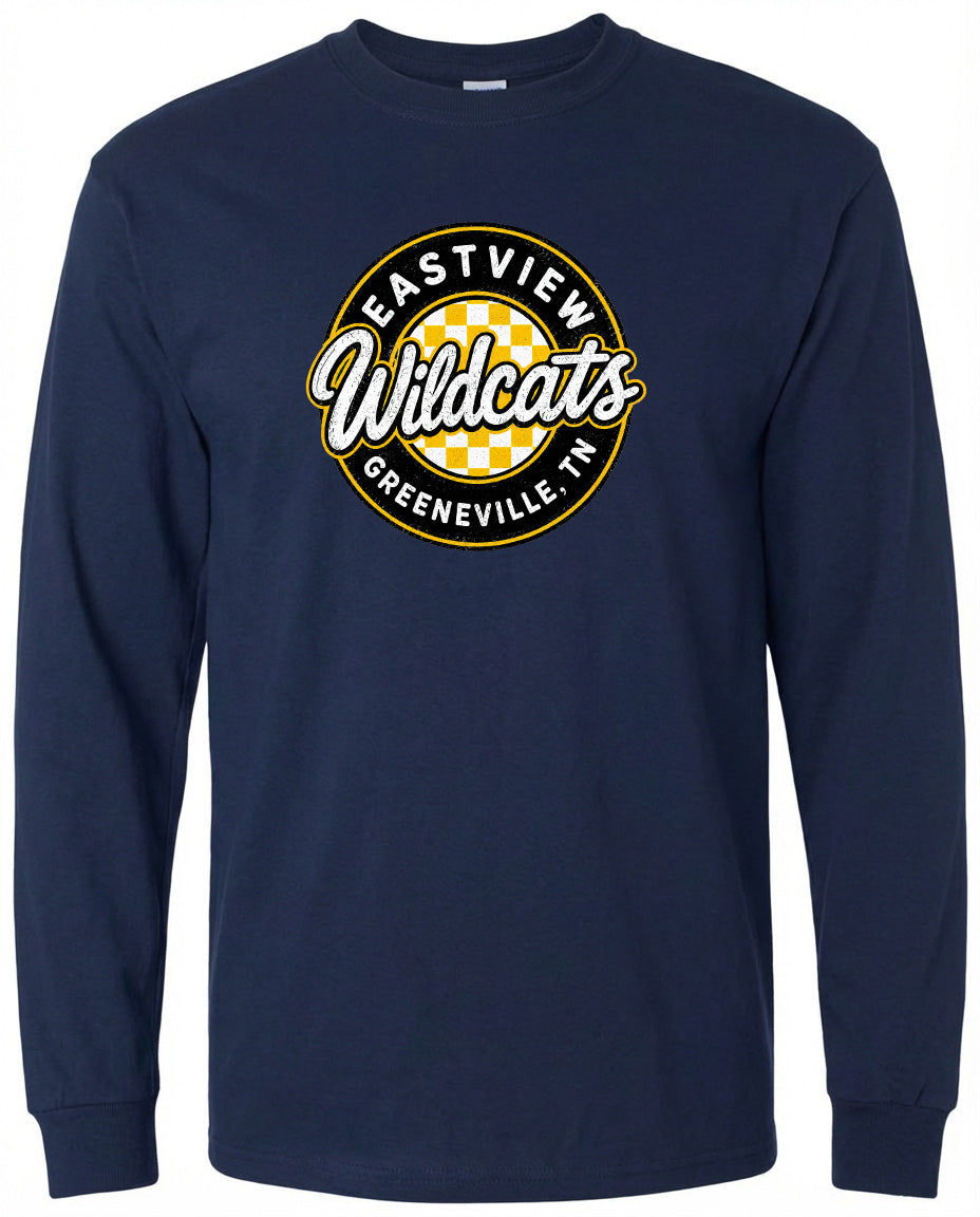 A navy blue long-sleeved shirt with a circular logo on the front. The logo features the text "EASTVIEW Wildcats" and "Greeneville, TN" in a stylized font.