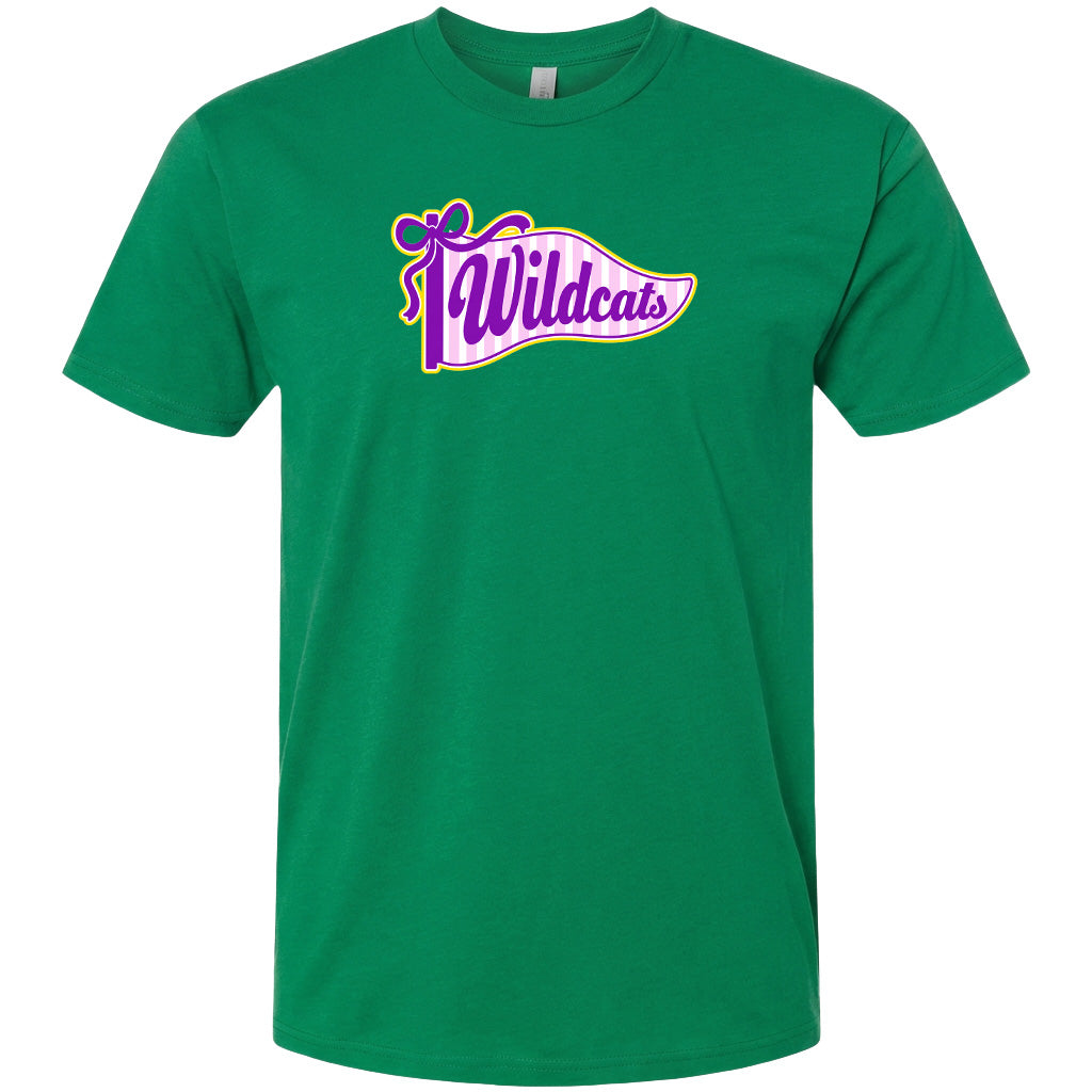 A green t-shirt with a purple and yellow graphic design featuring the text "Wildcats" on it.