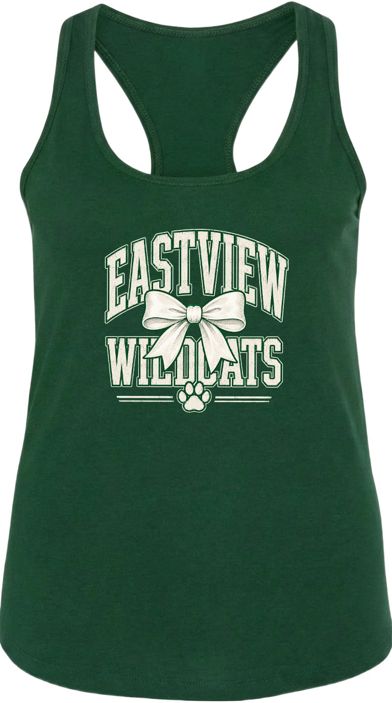 A green tank top with the text "EASTVIEW WILDCATS" printed on it, along with a bow and paw prints.