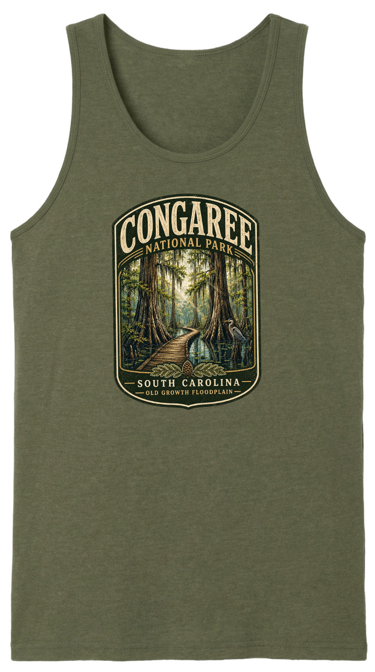 A green tank top with a graphic design depicting a forest scene with a path leading through it, surrounded by trees and foliage.