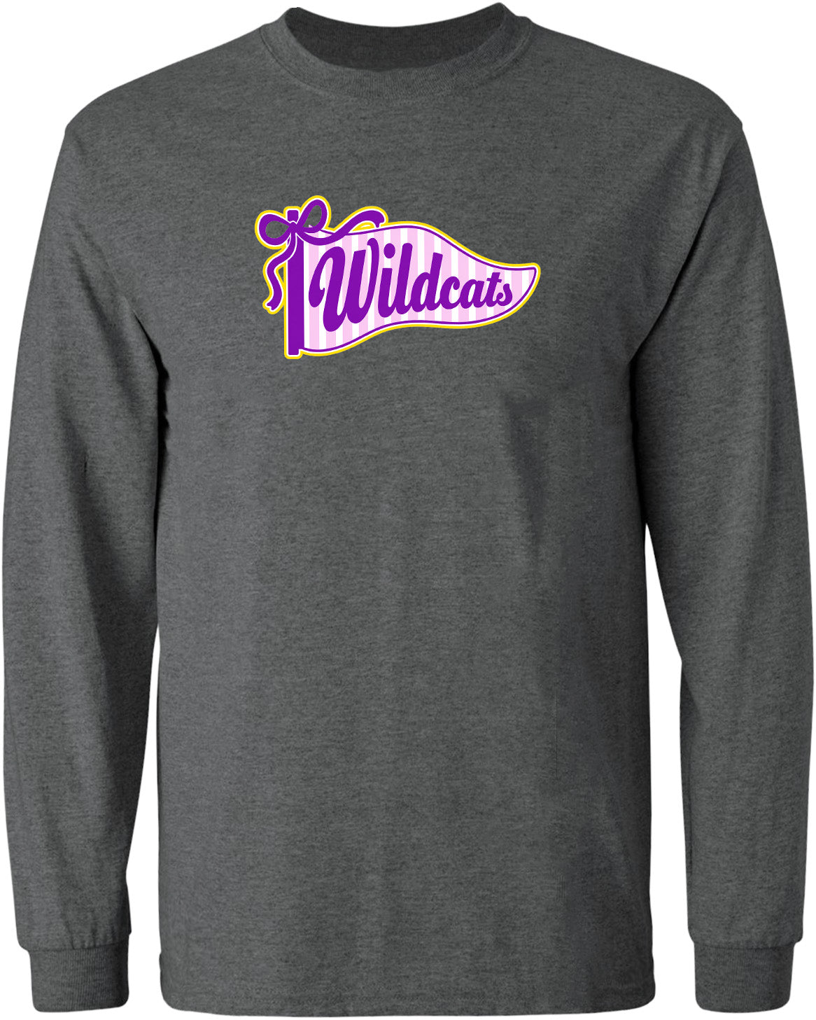 A gray long-sleeved t-shirt with a purple and yellow graphic design featuring the text "Wildcats" on it.