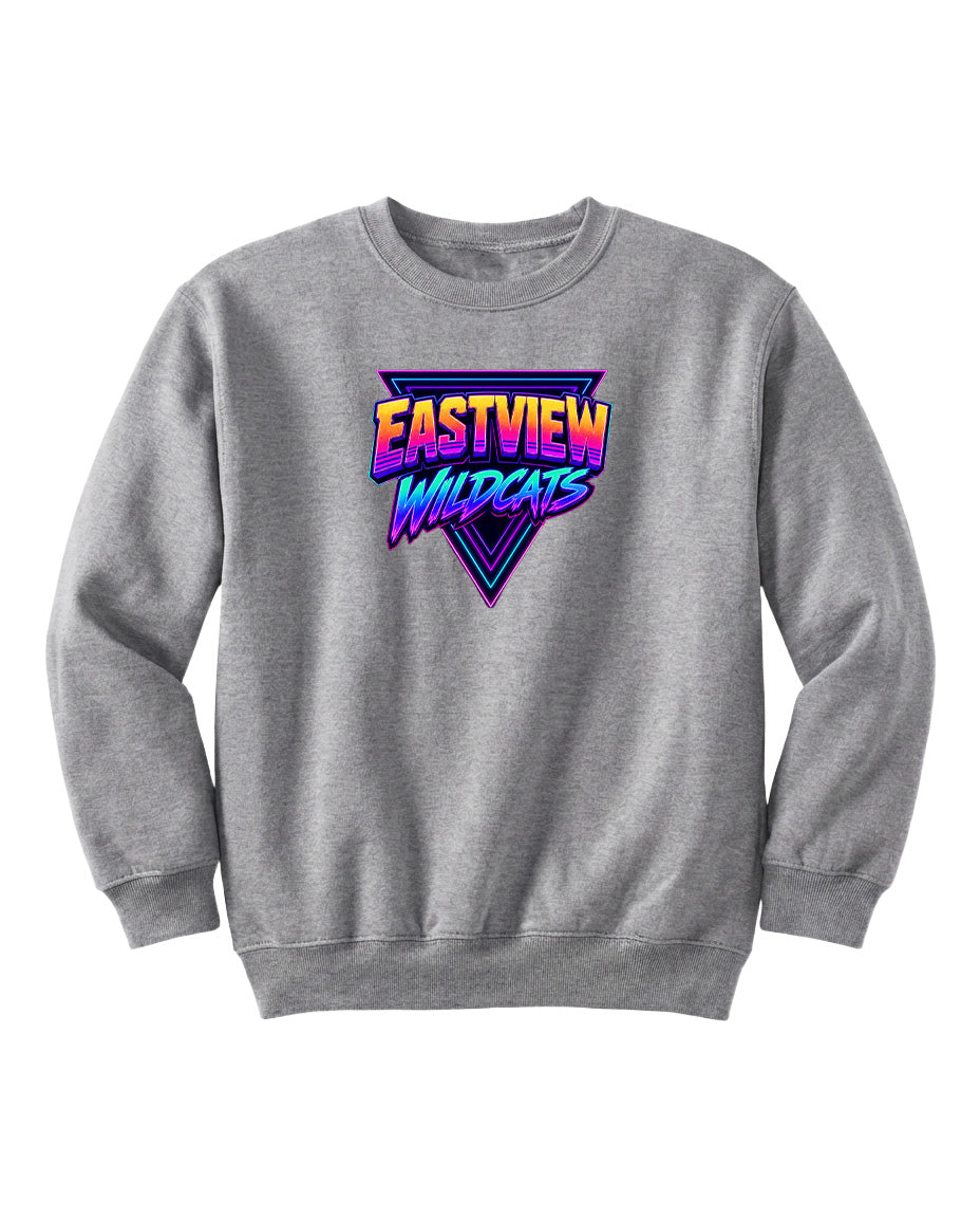 A gray sweatshirt with a graphic design featuring the text "EASTVIEW WILDCATS" in a colorful, retro-style font.